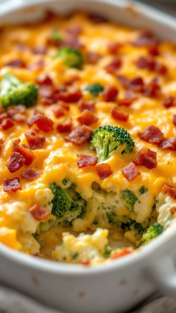 Delicious Bacon and Broccoli Cheese Casserole with melted cheese and crispy bacon