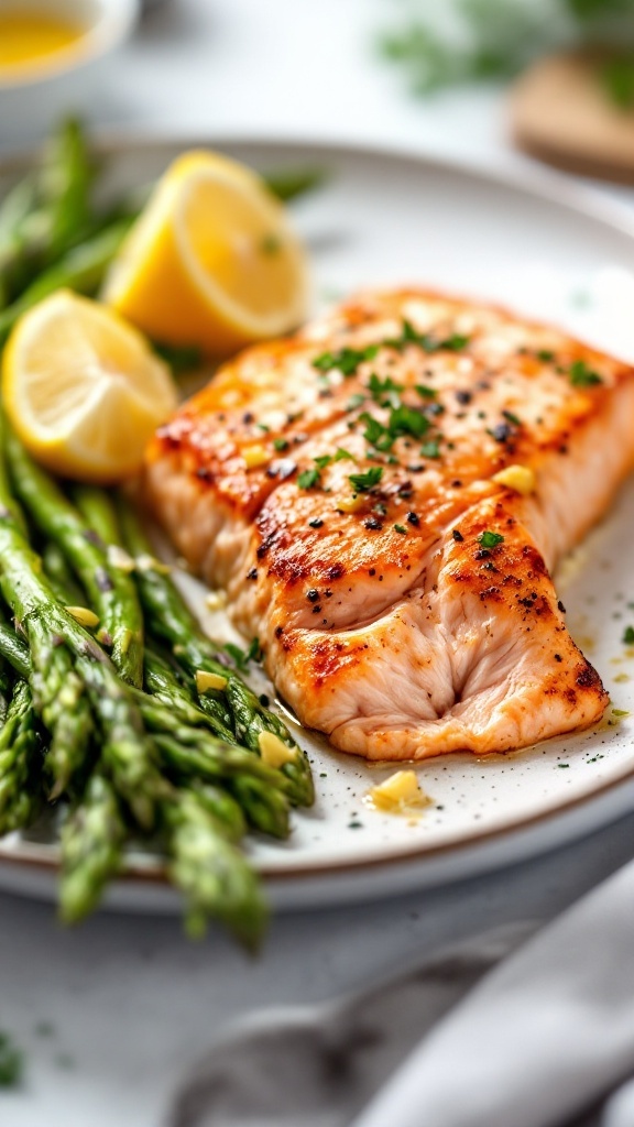 Delicious baked salmon with asparagus and lemon on a plate