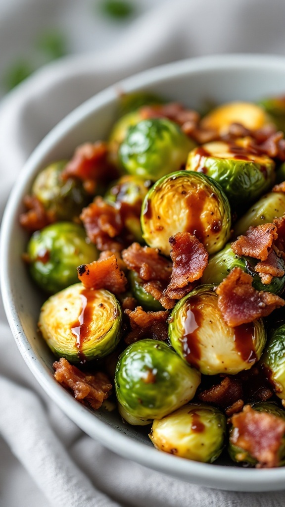 Balsamic glazed Brussels sprouts with bacon in a bowl.