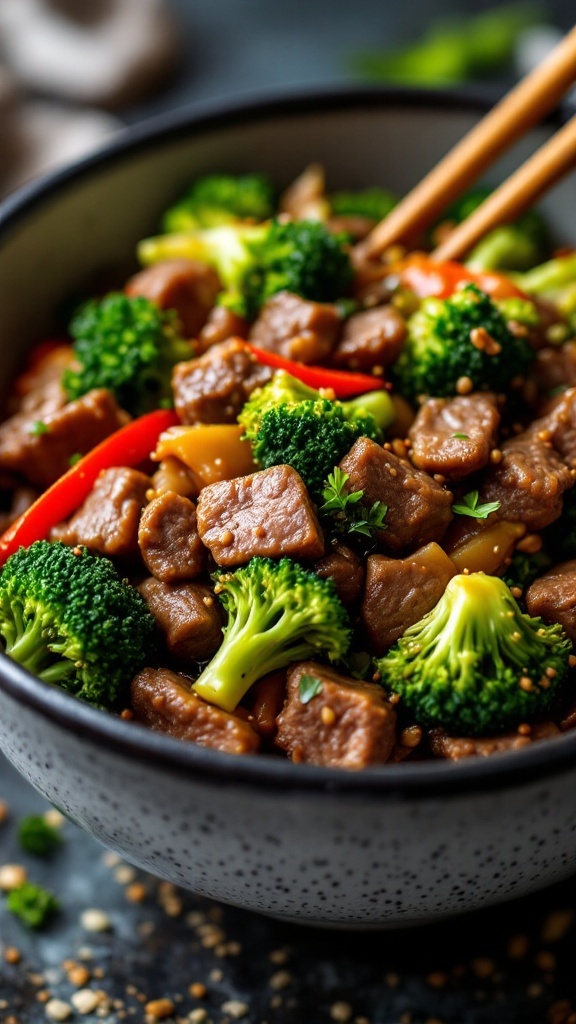 A delicious bowl of beef and broccoli stir-fry with vibrant vegetables.