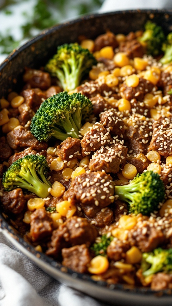 A delicious beef and broccoli casserole with corn and sesame seeds.