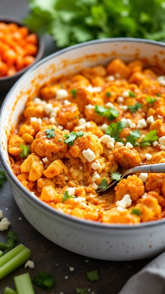 A delicious serving of Buffalo Chicken Cauliflower Casserole topped with fresh herbs.