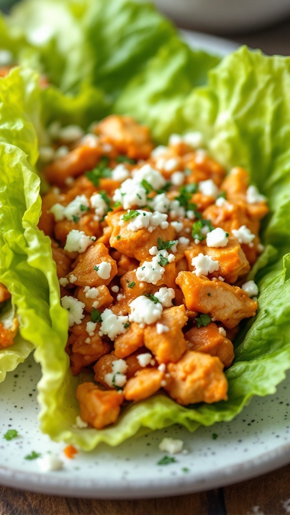 Buffalo chicken lettuce wraps with crumbled cheese and herbs