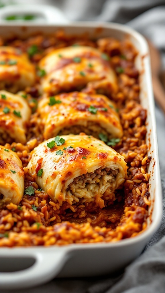 A delicious cabbage roll casserole, with rolls filled with meat and surrounded by rice, topped with melted cheese.