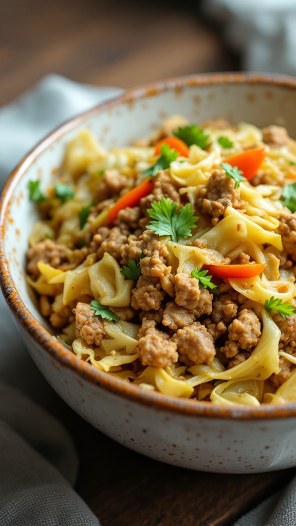 A bowl of cabbage stir-fry with ground turkey and colorful vegetables.