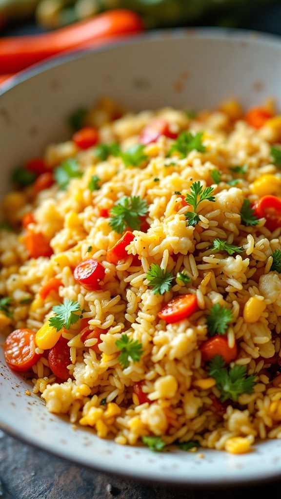 A bowl of colorful cauliflower rice stir-fry with assorted vegetables.