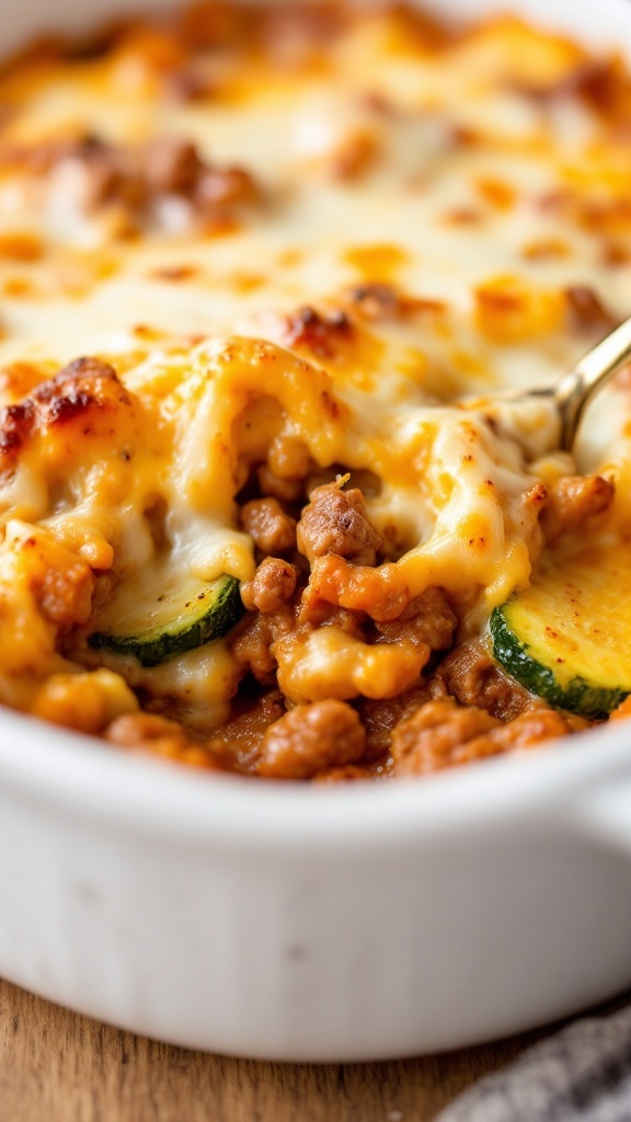 A delicious cheesy beef zucchini bake casserole.