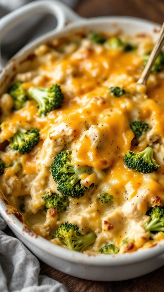 A cheesy chicken and broccoli casserole ready to be served.