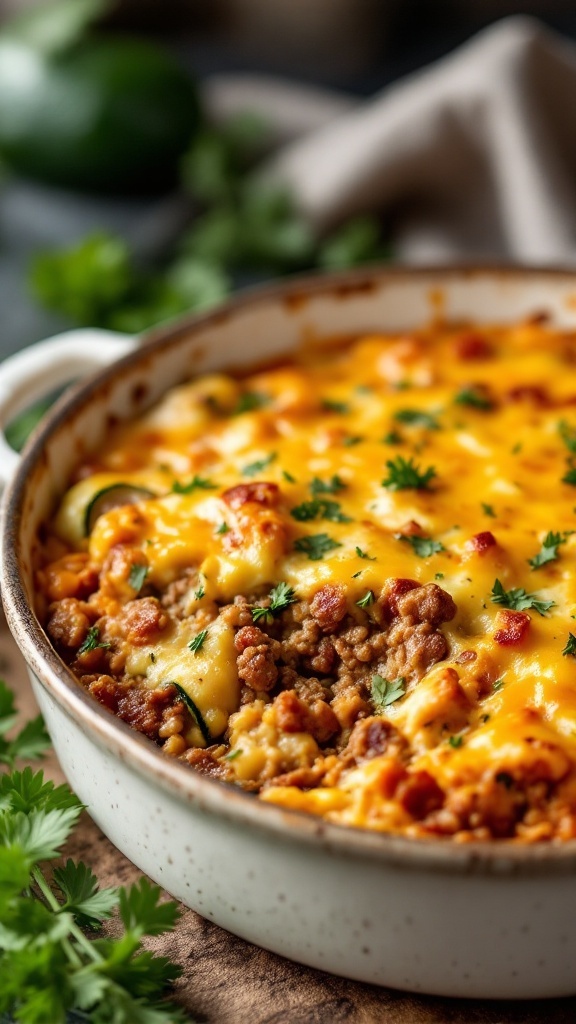 A delicious cheesy zucchini and ground beef casserole with layers of zucchini and melted cheese.