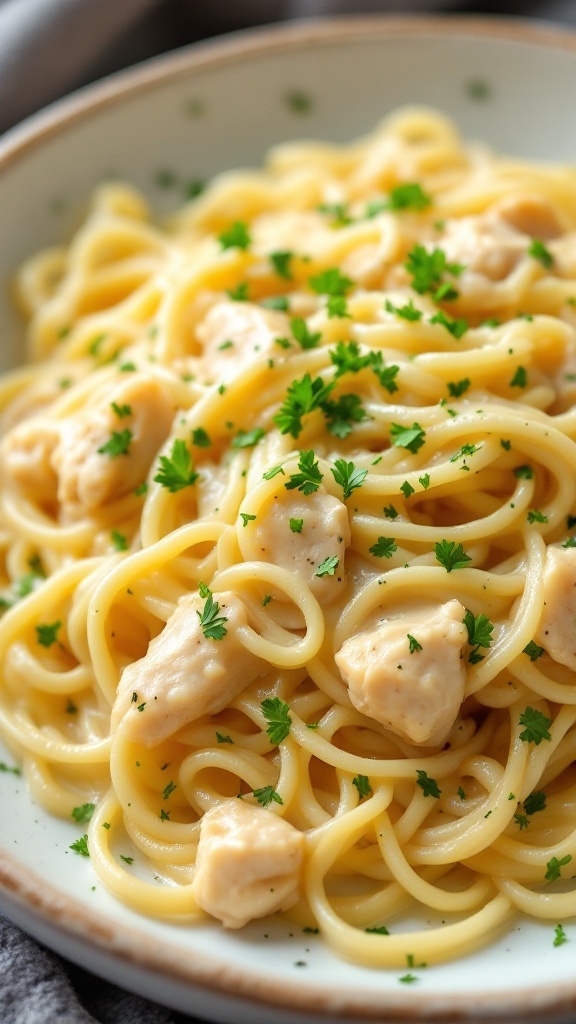 A bowl of Chicken Alfredo with Shirataki noodles, garnished with parsley.