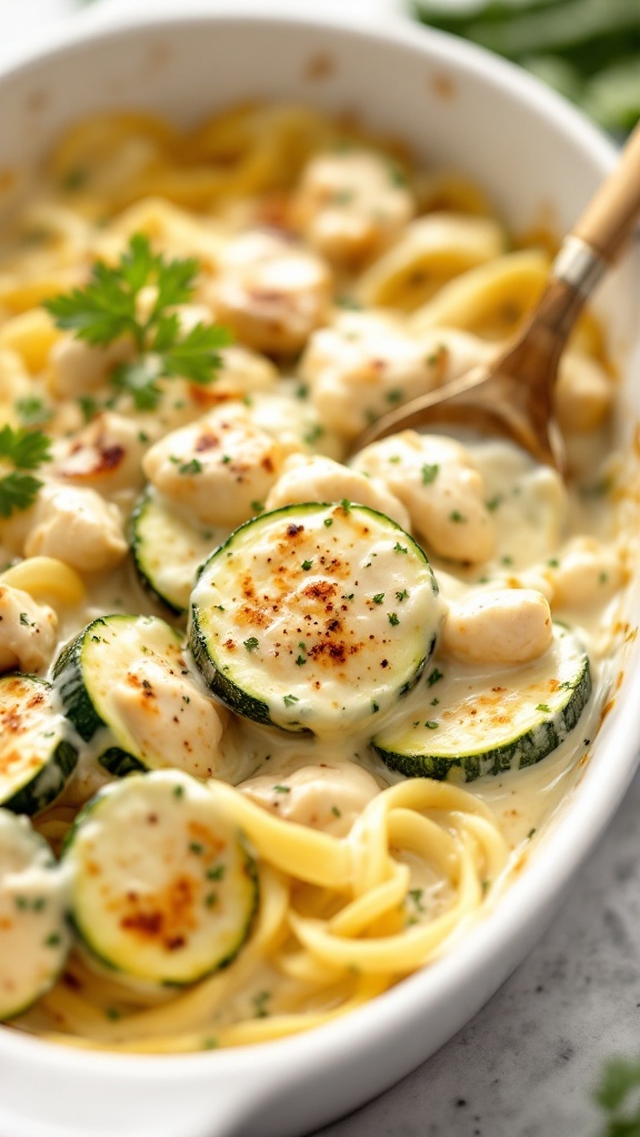 A delicious chicken alfredo zucchini bake, showcasing layers of zucchini, chicken, and creamy sauce.