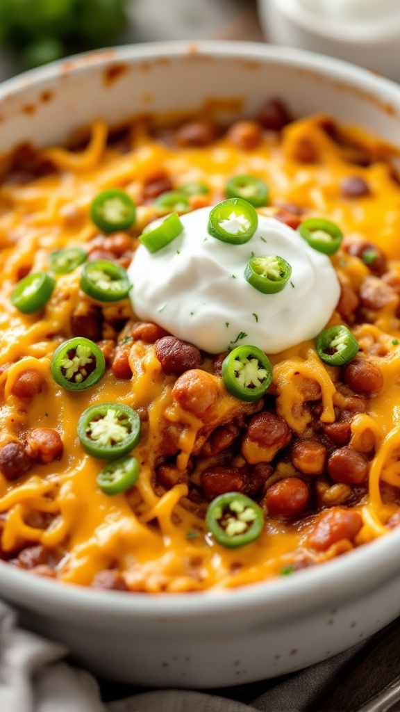 A delicious chili and cheese casserole topped with sour cream and green onions.