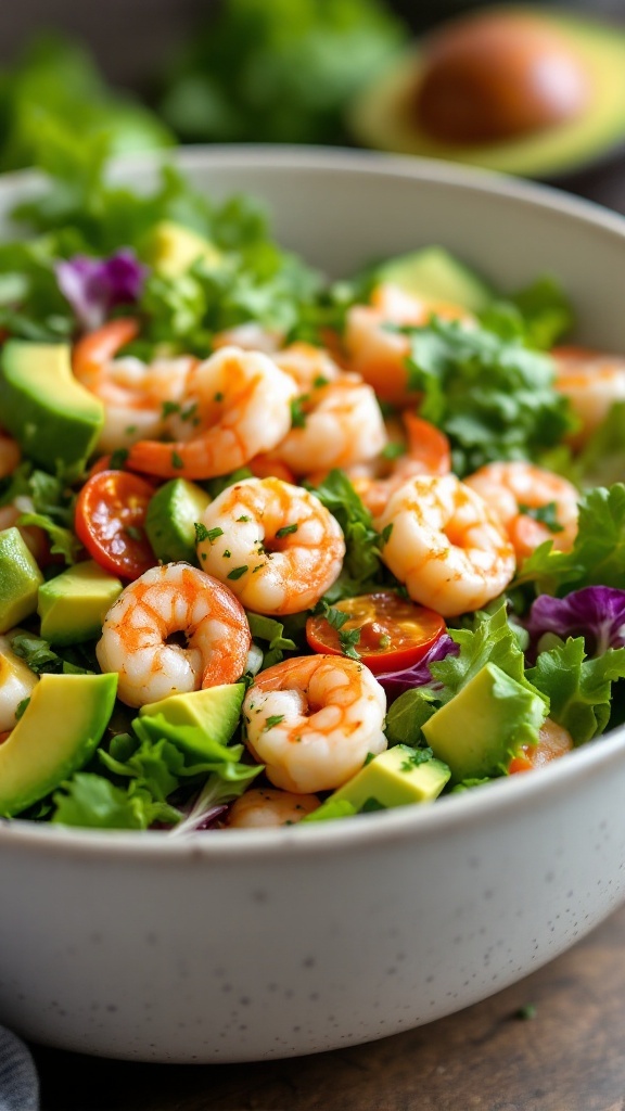 Chili Lime Shrimp Salad with mixed greens, cherry tomatoes, and avocado