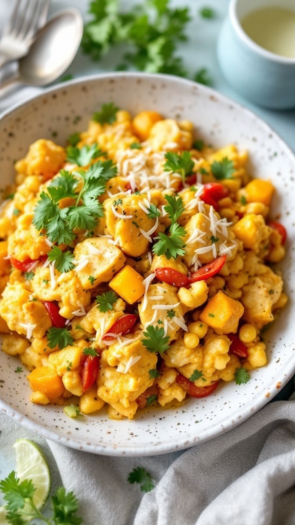 A delicious coconut curry chicken casserole with vegetables and herbs.