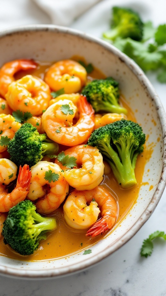 A bowl of Coconut Curry Shrimp with Broccoli, featuring shrimp and broccoli in a creamy curry sauce.