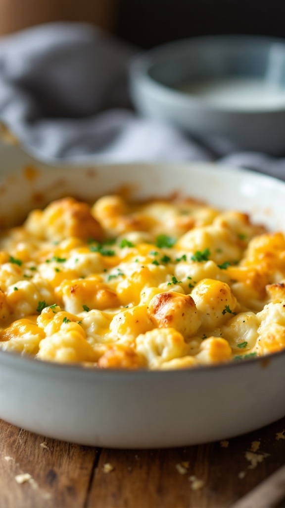 A creamy cauliflower and chicken bake dish topped with melted cheese and parsley.