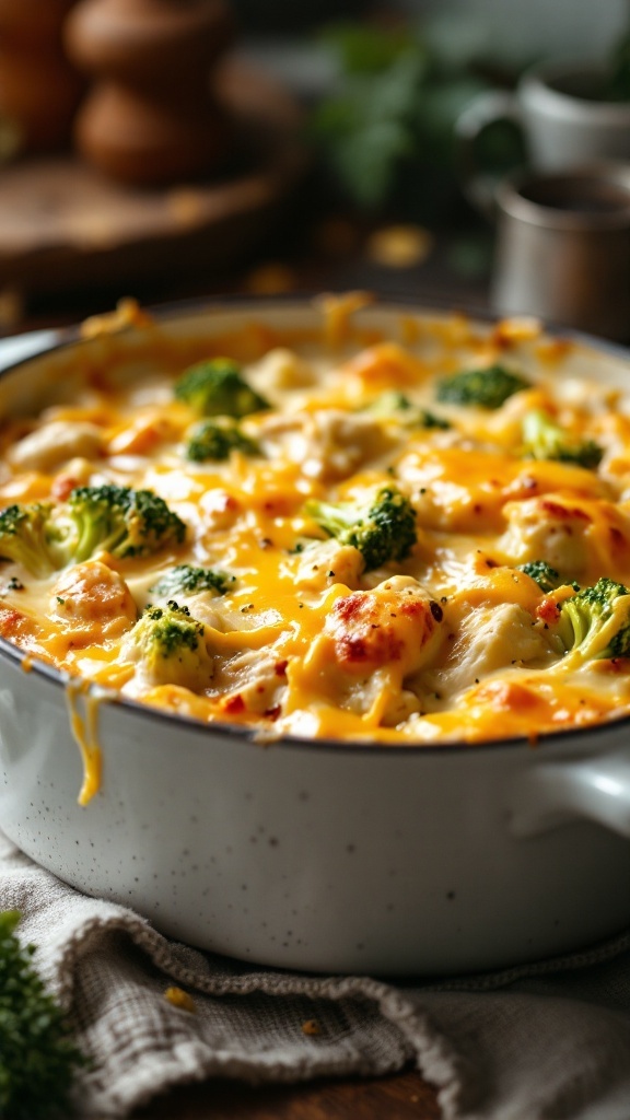 Creamy Chicken and Broccoli Casserole with melted cheese and broccoli florets