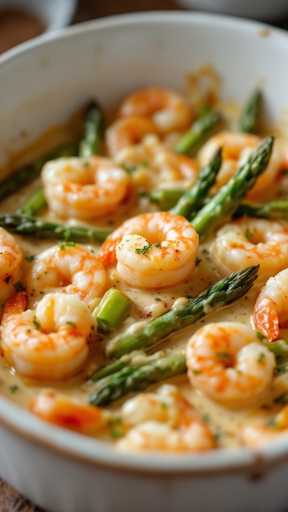 A delicious creamy shrimp and asparagus casserole in a baking dish