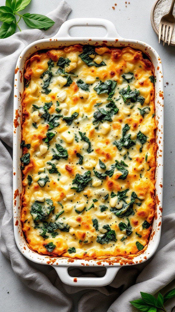 A creamy spinach artichoke casserole with melted cheese on top.