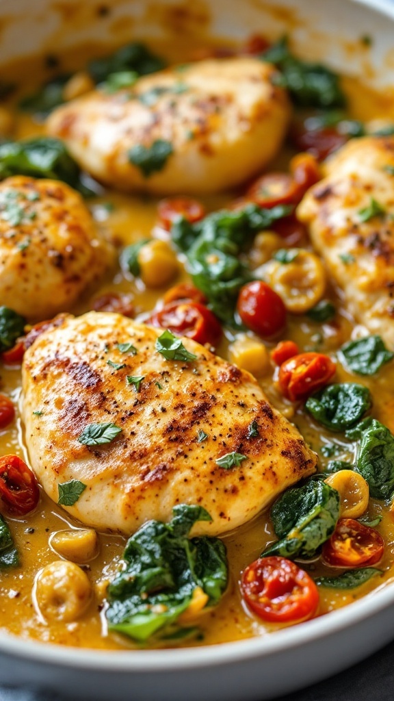 Creamy Tuscan Chicken Skillet with spinach and cherry tomatoes