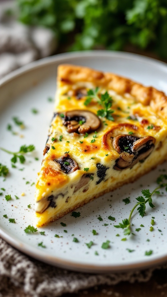 A slice of crustless quiche with mushrooms and cheese, garnished with herbs.