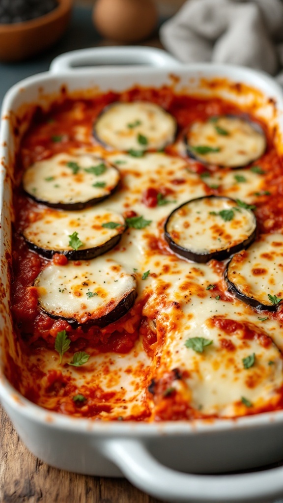 An eggplant parmesan casserole with layers of cheese, eggplant, and marinara sauce.