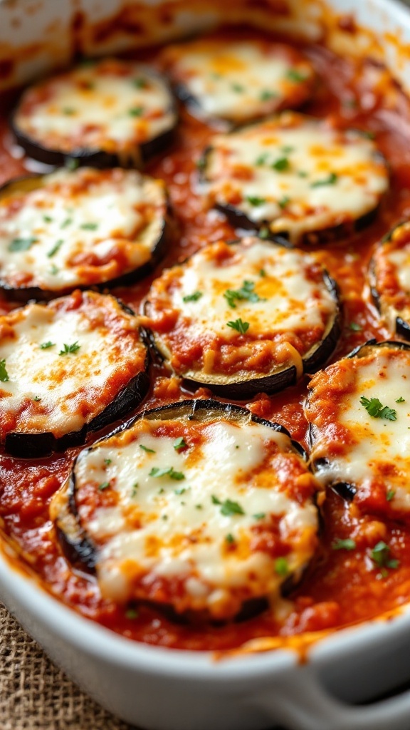 A delicious eggplant parmesan casserole with melted cheese and marinara sauce