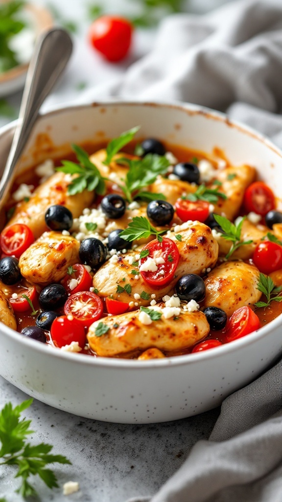 Bowl of Greek chicken casserole with cherry tomatoes, olives, and feta cheese