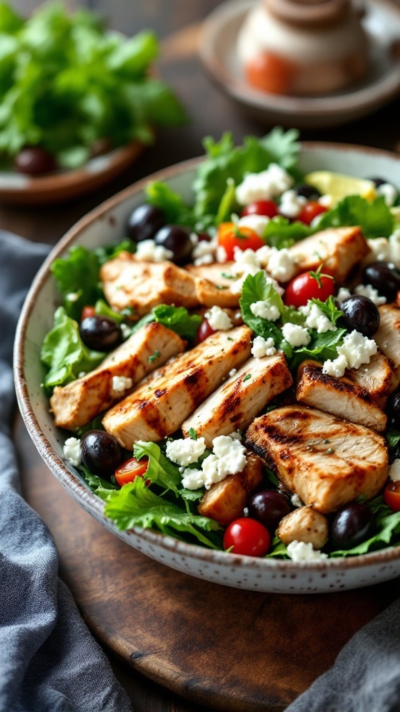 A vibrant Greek salad with grilled chicken, featuring greens, cherry tomatoes, olives, and feta cheese.