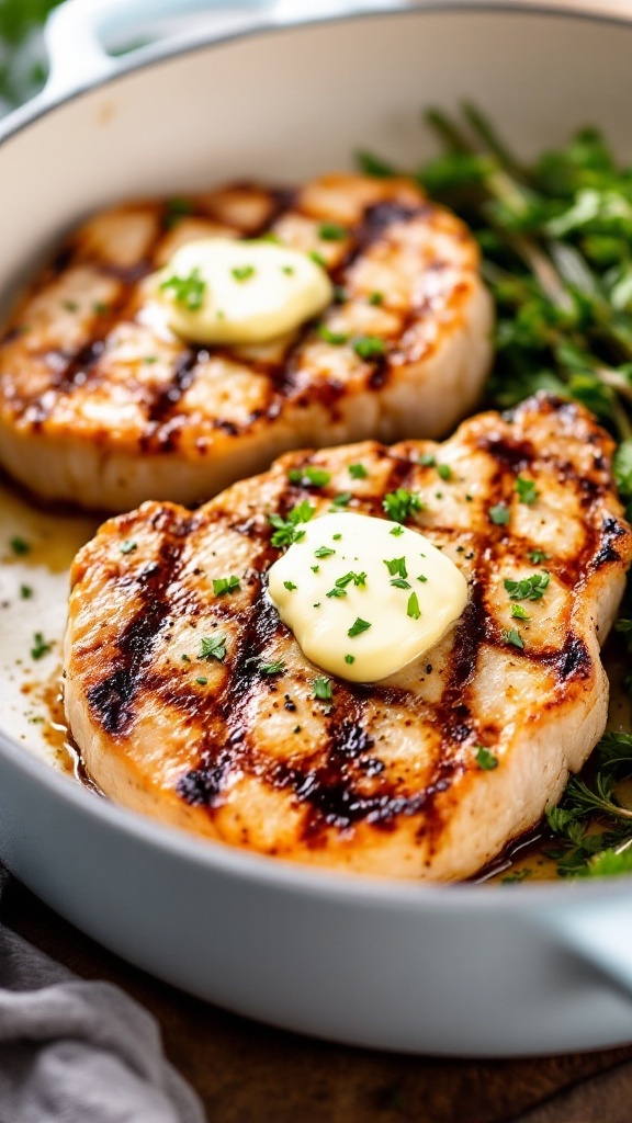 Grilled pork chops with herb butter on a wooden cutting board