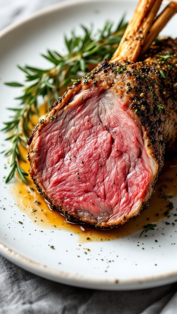 A beautifully cooked herb-crusted rack of lamb on a plate with herbs.