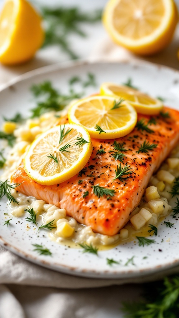 Lemon Herb Salmon Bake served with lemon slices and fresh herbs