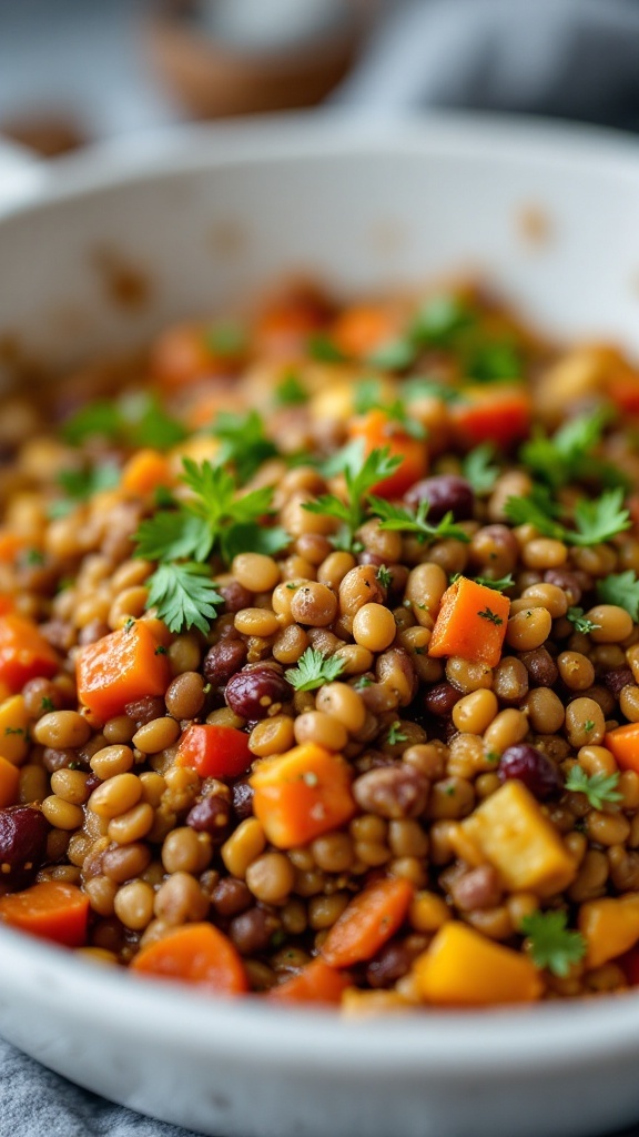 A colorful lentil and vegetable bake with fresh parsley