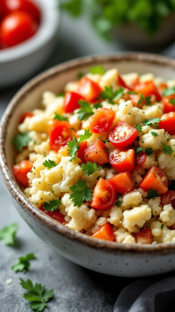 A bowl of Mediterranean Cauliflower Tabbouleh with chopped tomatoes and parsley.