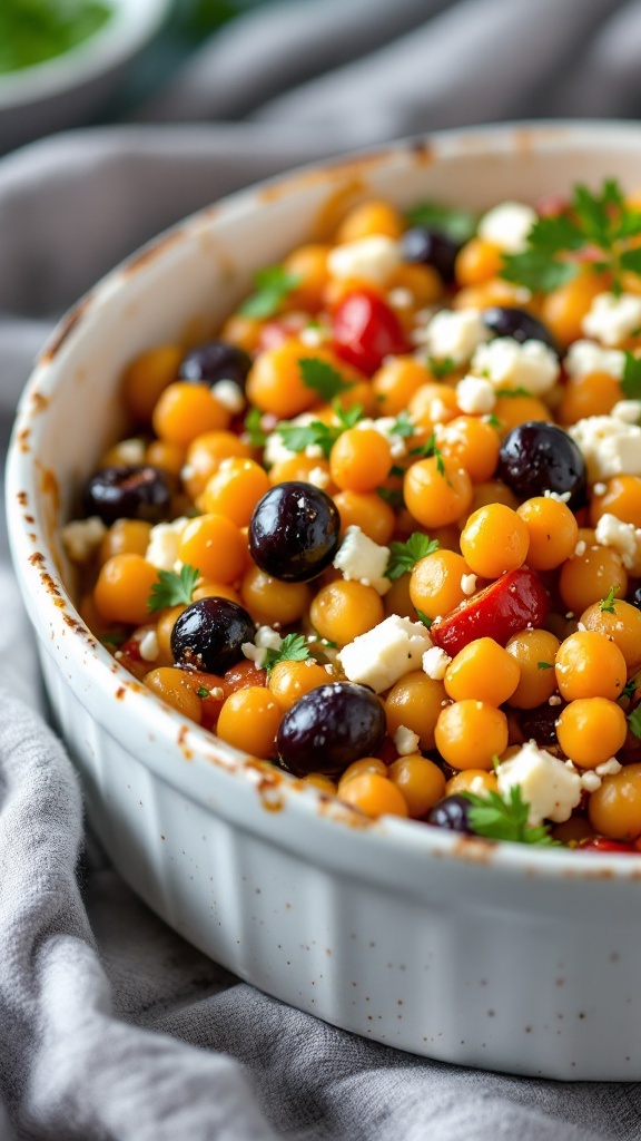 A colorful Mediterranean Chickpea Casserole with chickpeas, tomatoes, olives, feta, and herbs.