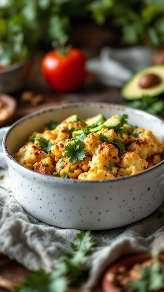 A delicious Mexican Cauliflower Casserole with cheese and fresh toppings.