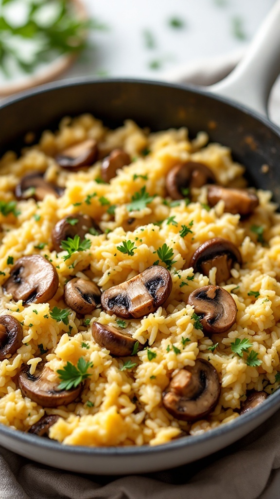 A delicious casserole made with mushrooms and cauliflower rice, garnished with parsley.