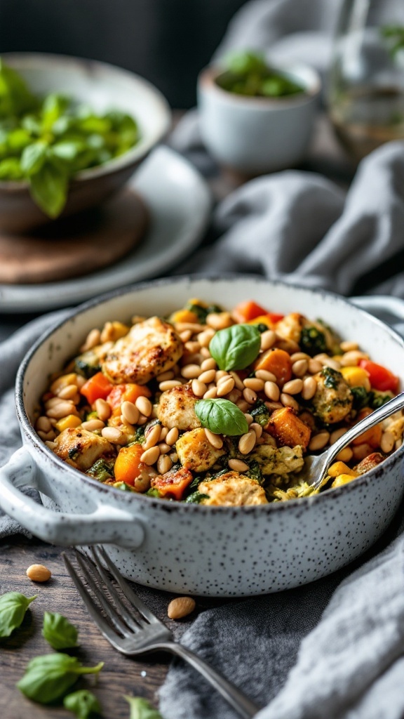 A delicious Pesto Chicken and Veggie Bake in a dish, featuring colorful vegetables and chicken.