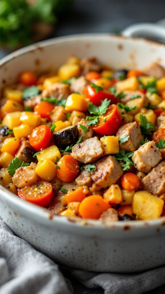 A delicious pork and veggie medley bake fresh out of the oven.