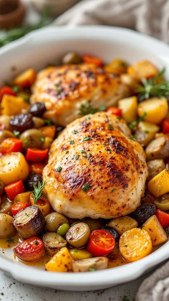 Delicious roasted chicken thighs served with colorful vegetables.