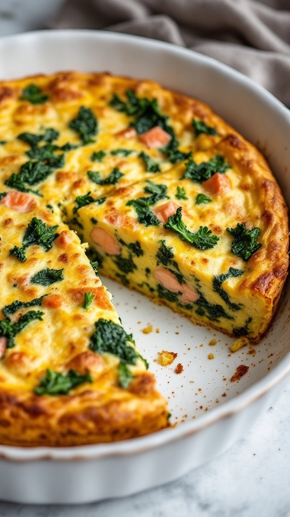 A delicious Salmon and Kale Frittata Casserole, sliced and ready to serve.