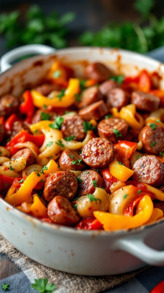 A delicious Sausage and Peppers Bake with colorful bell peppers and sausage pieces.