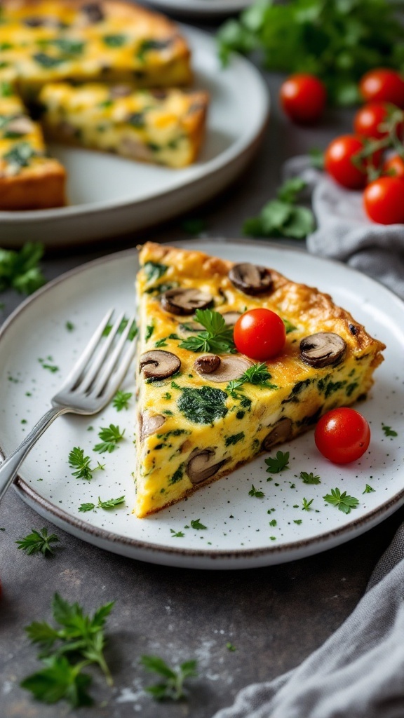 Slice of mushroom and spinach frittata on a plate