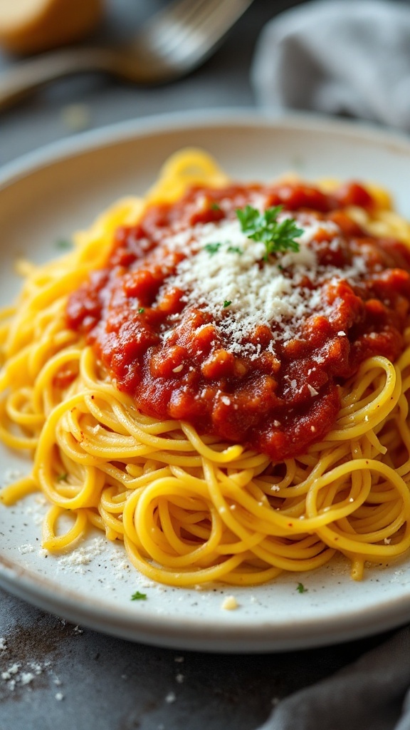 A plate of spaghetti squash topped with marinara sauce and Parmesan cheese.