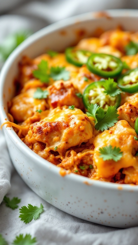 A delicious spicy Mexican chicken casserole topped with cheese and garnished with cilantro and jalapeños.