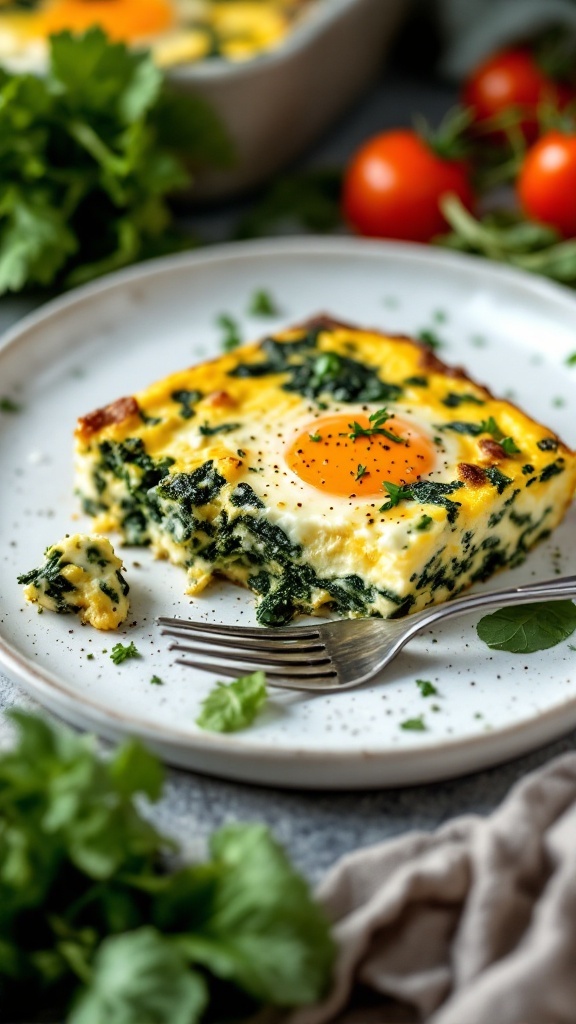 Spinach and Feta Egg Casserole on a plate with a fork