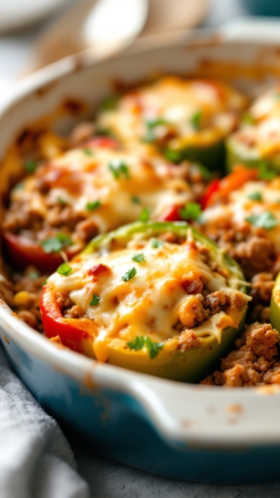 A delicious stuffed bell pepper casserole with ground meat, rice, and cheese topping.