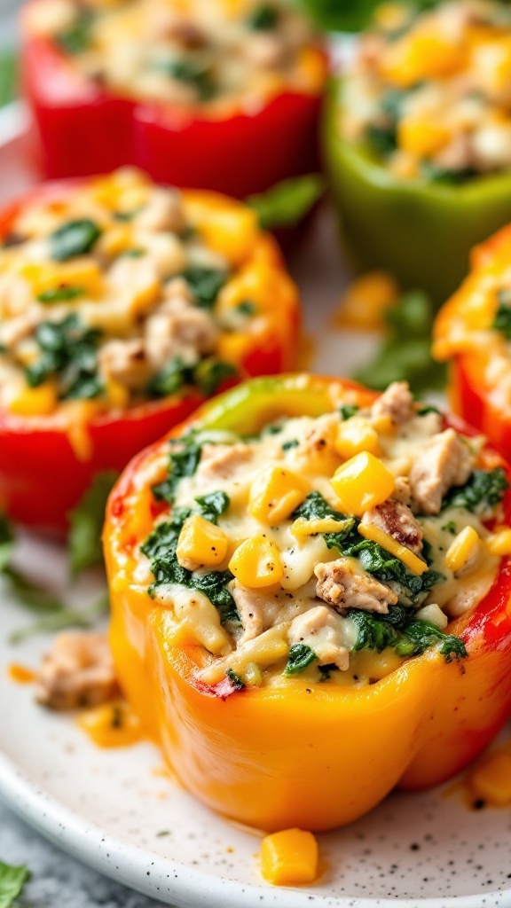 A plate of colorful stuffed bell peppers filled with turkey, spinach, and cheese.