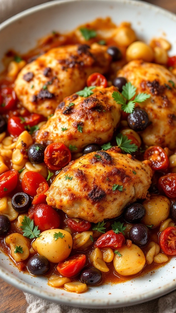 A delicious Tuscan Chicken and Veggie Bake with chicken breasts, cherry tomatoes, olives, and potatoes.