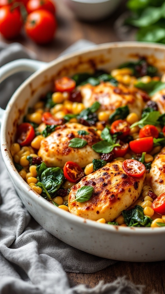 A warm, hearty serving of Tuscan Chicken Casserole with chicken, spinach, and tomatoes.